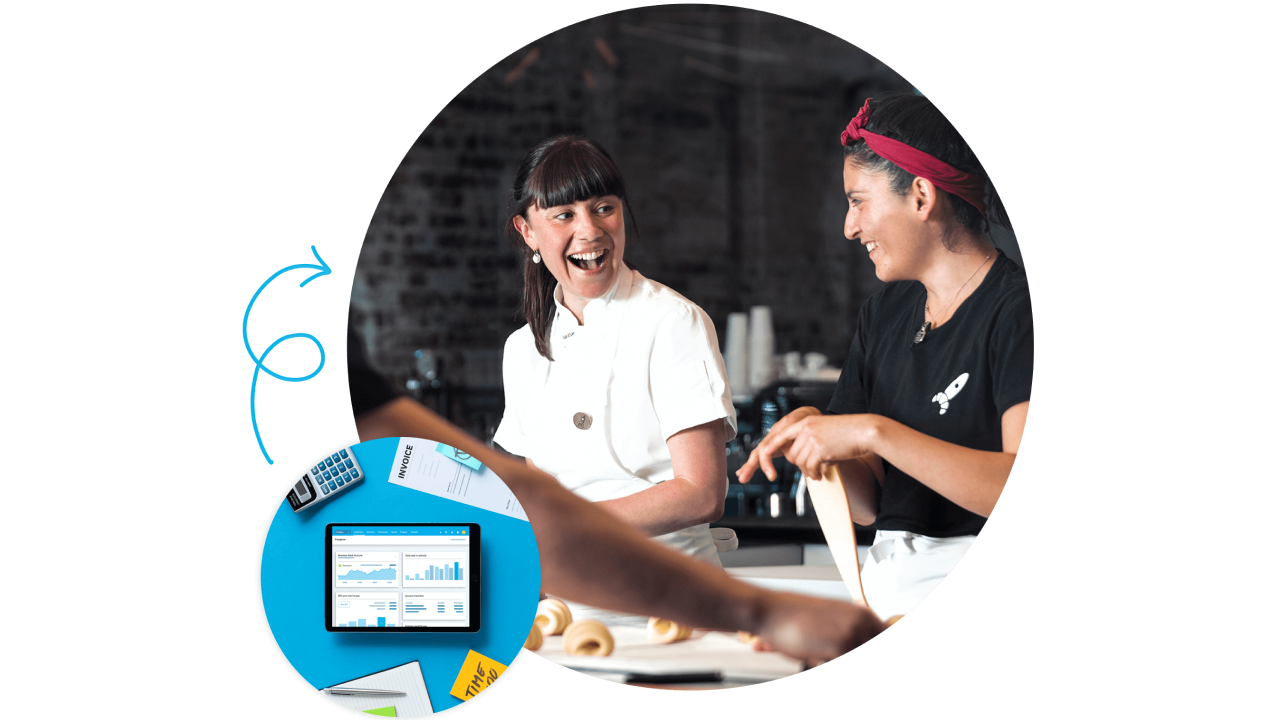People collaborating in a bakery setting, with an inset showing a tablet displaying financial graphs and an invoice.